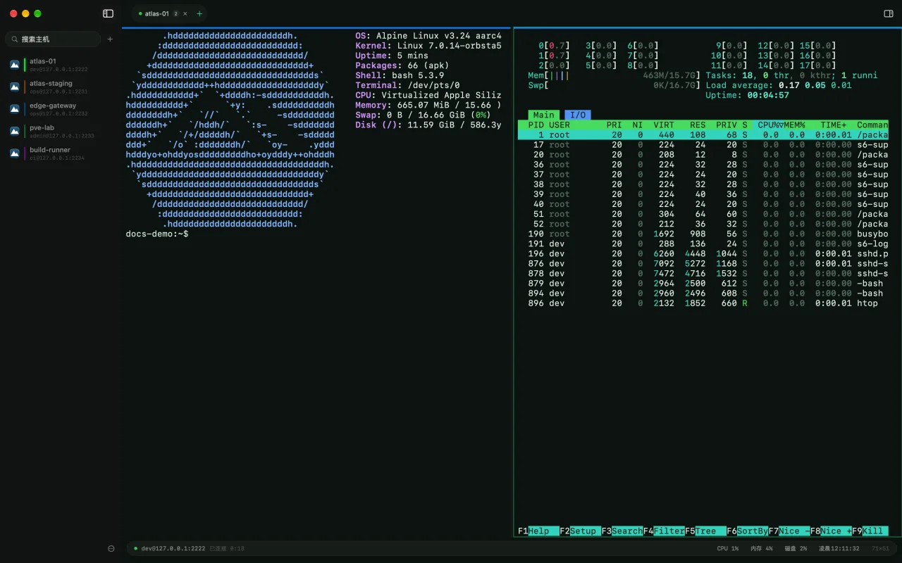 Berth screenshot: the SSH terminal workspace